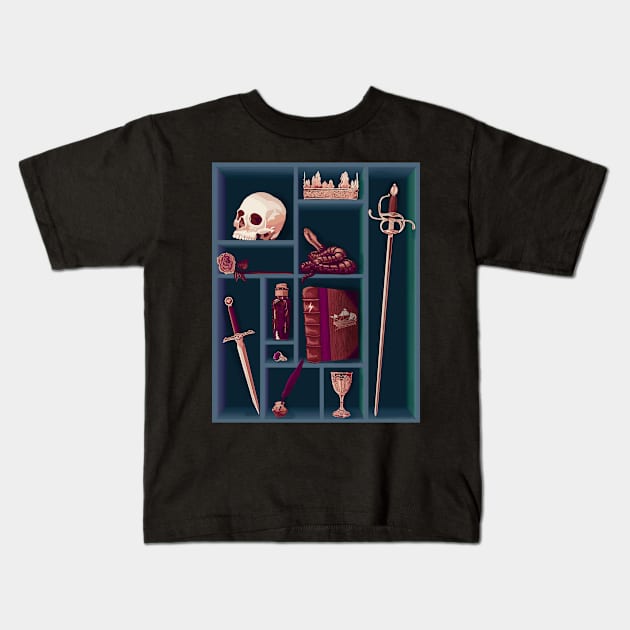 Shakespeare's Curio Cabinet Kids T-Shirt by mamashark17